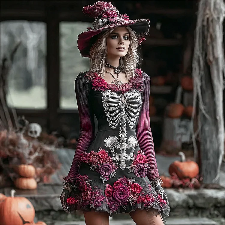 Halloween Witch Skeleton & Floral Lady Long-sleeve Knit Mini Dress