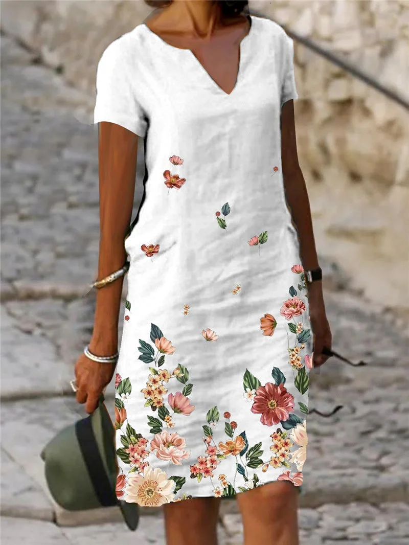 Brownm Floral Printed Linen Sleeve Midi V-neck Dresses