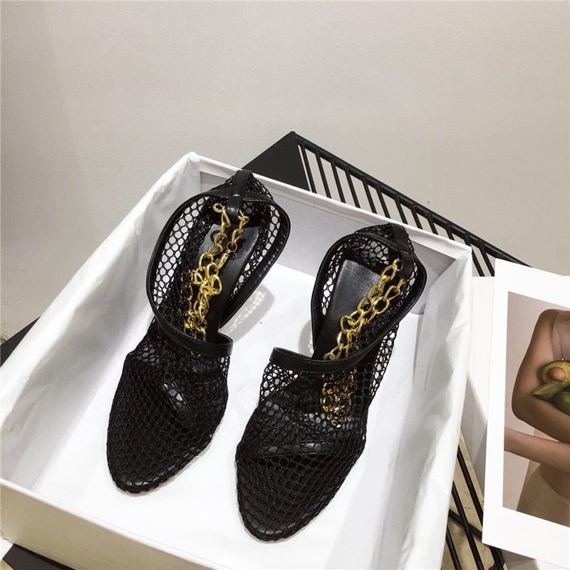 New designer lace air mesh Women Pumps Fashion hollow out shallow chain High heels Elegant Summer Office Ladies Shoes 35-42