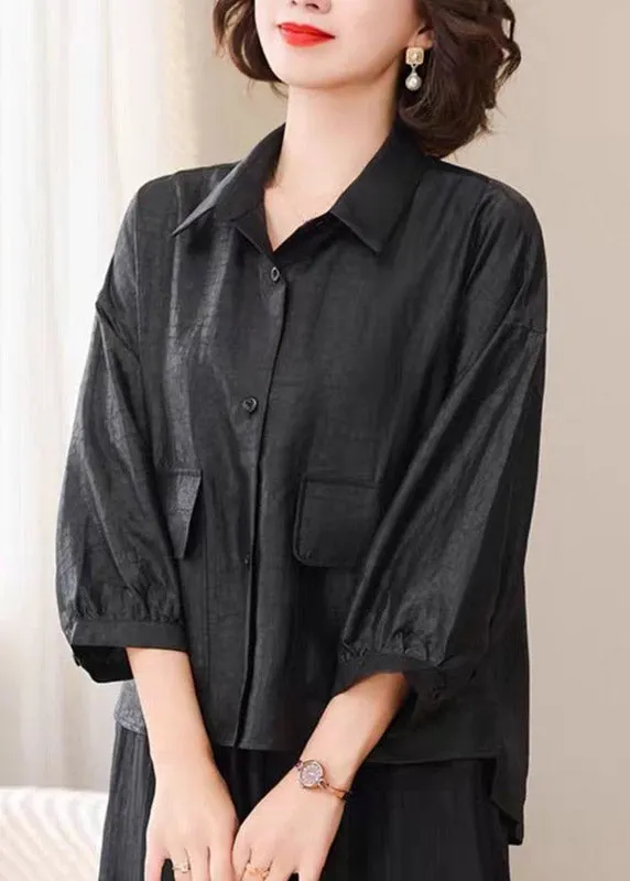 Black Button Soild Silk Coat Spring