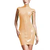 High Neck Wetlook Bodycon Mini Dress Women Short Sleeve Turtleneck Slim PVC Dress Ladies Full Zipper Dress Plus Size Clubwear