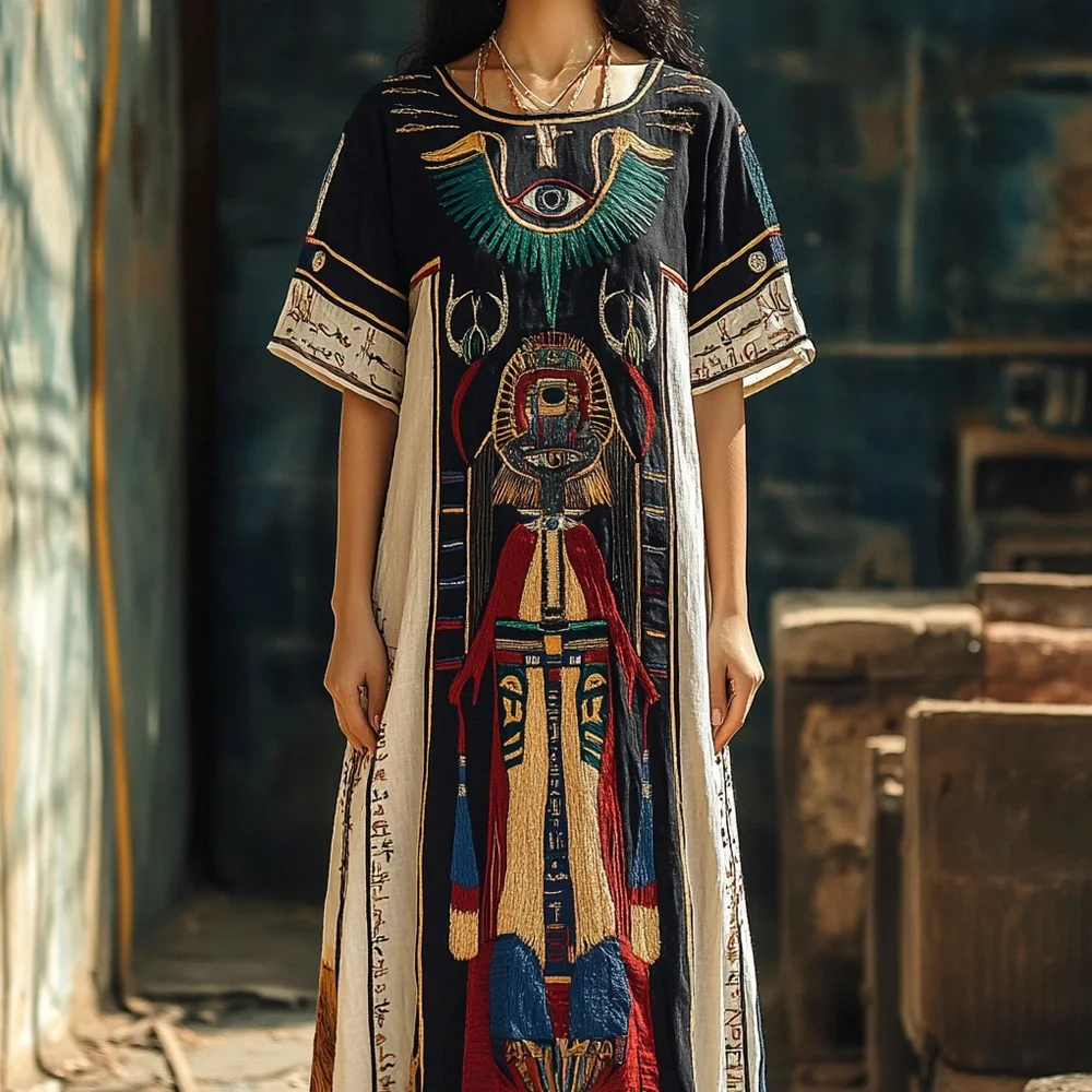 Vintage Egyptian Elements Embroidery Vintage Women's Linen Dress