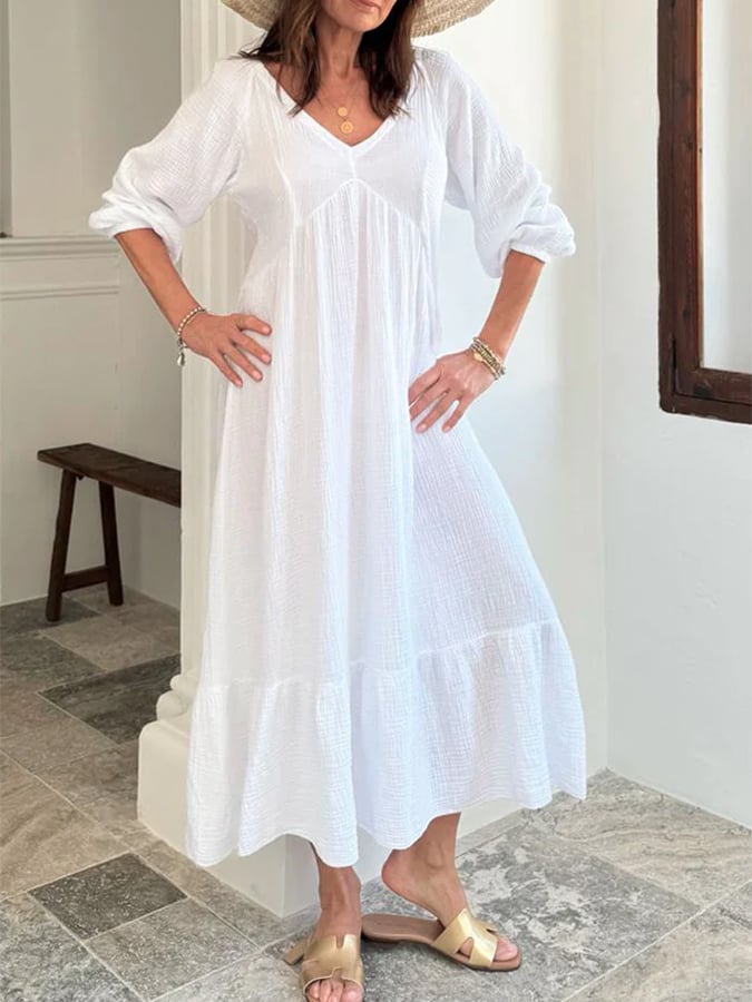 Women's Cotton And Linen V-Neck High Waist Solid Color Dress