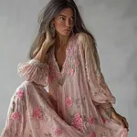 Boho Pink Roses Floral Glitter Embroidered Linen Maxi Dress - Image 2