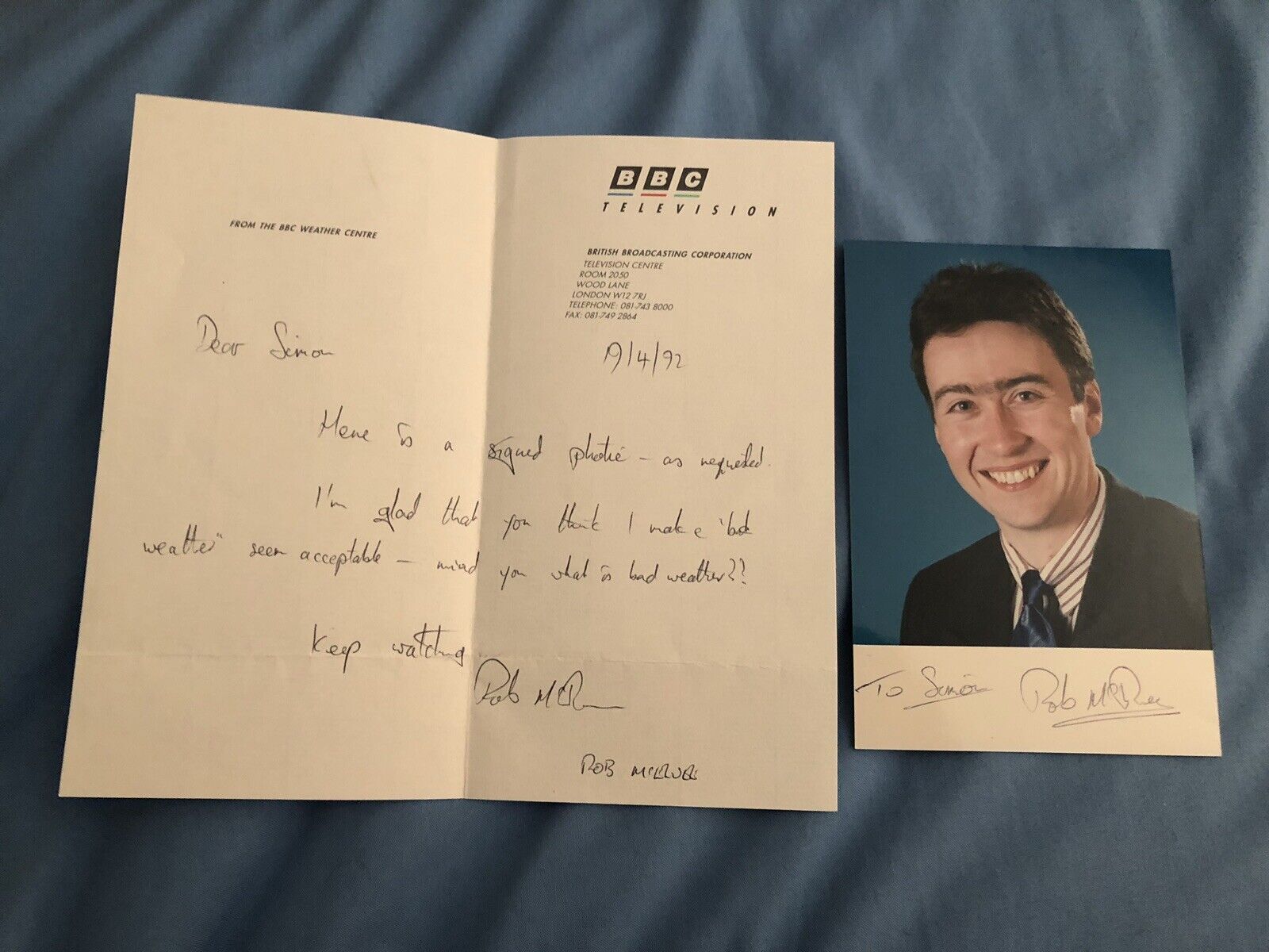 ROB MCELWEE (BBC WEATHER) SIGNED Photo Poster painting & HAND WRITTEN LETTER