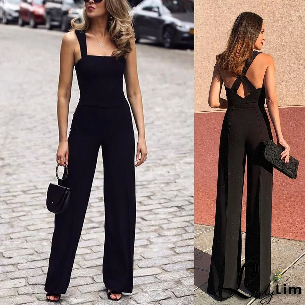 Wide Leg Pants Straight Mid Rise Low Back Black Jumpsuit