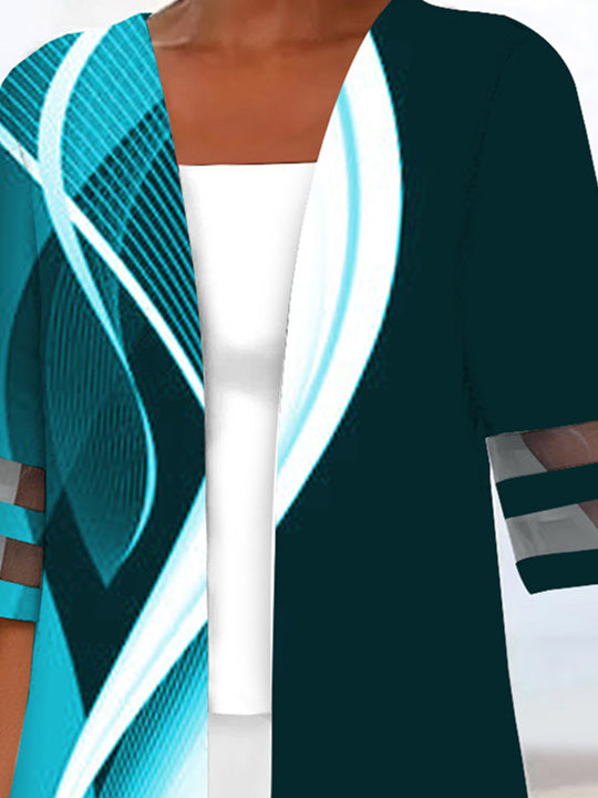 Women Half Sleeve Scoop Neck Striped Printed Colorblock Two-Pieced Tops