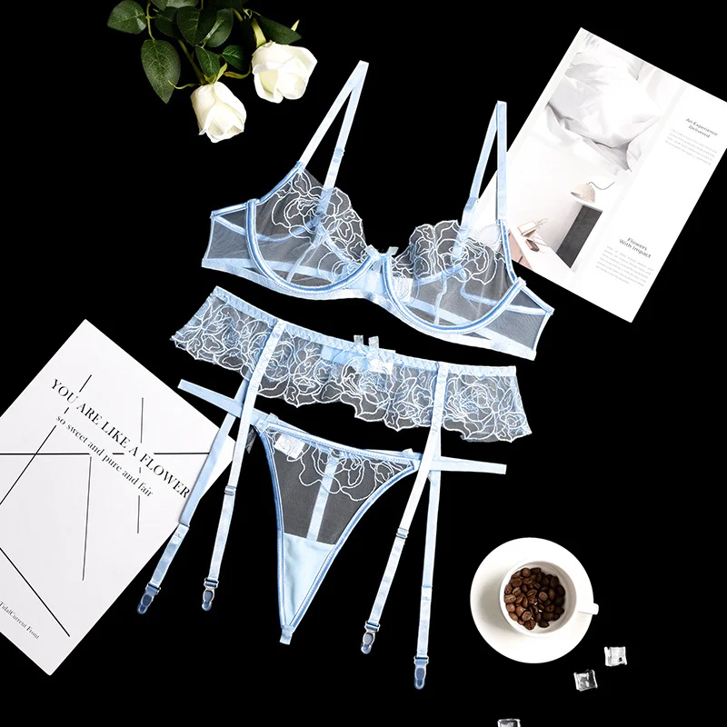 Billionm Pink Lingerie Set Women Blue Floral Embroidery Lengerie Nightwear Lace See Through Underwear Push Up Bra Panty Fancy Erotic Sets
