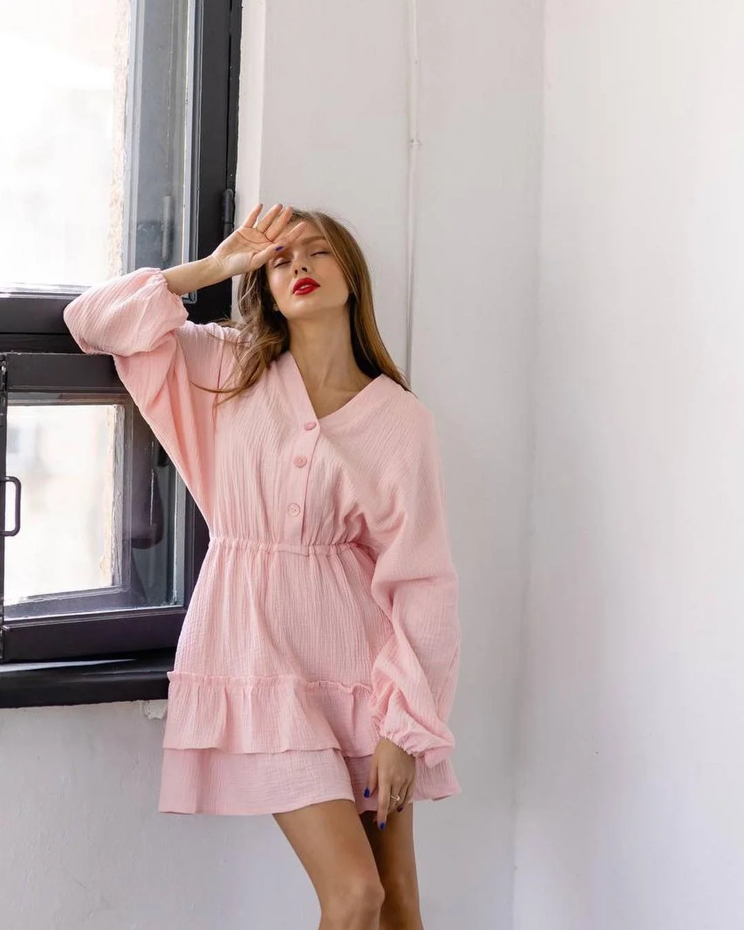 Nigikala Nigikala Summer New Solid Color Long-Sleeved Dress Temperament V Collar Thin A Dress