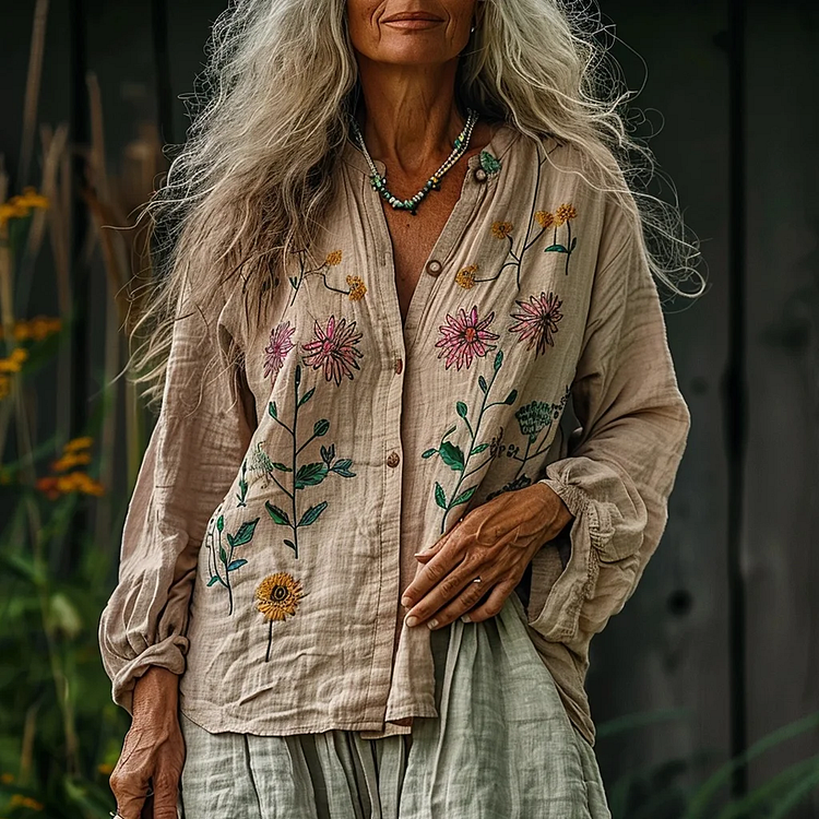 Lunivibe Bohemian Linen Floral Art Print Long Sleeve Loose Shirt