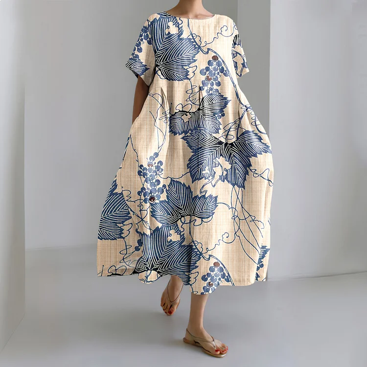 Japanese Art Grapevine Print Short Sleeve Midi Dress
