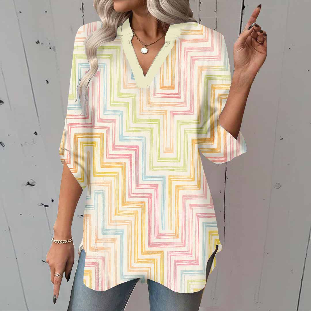 Women Geometric,Colorful DZGA0278 3/4 Sleeve V-neck Printed Graphic Button Tops