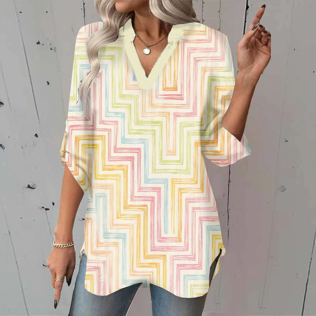Women Geometric,Colorful DZGA0278 3/4 Sleeve V-neck Printed Graphic Button Tops