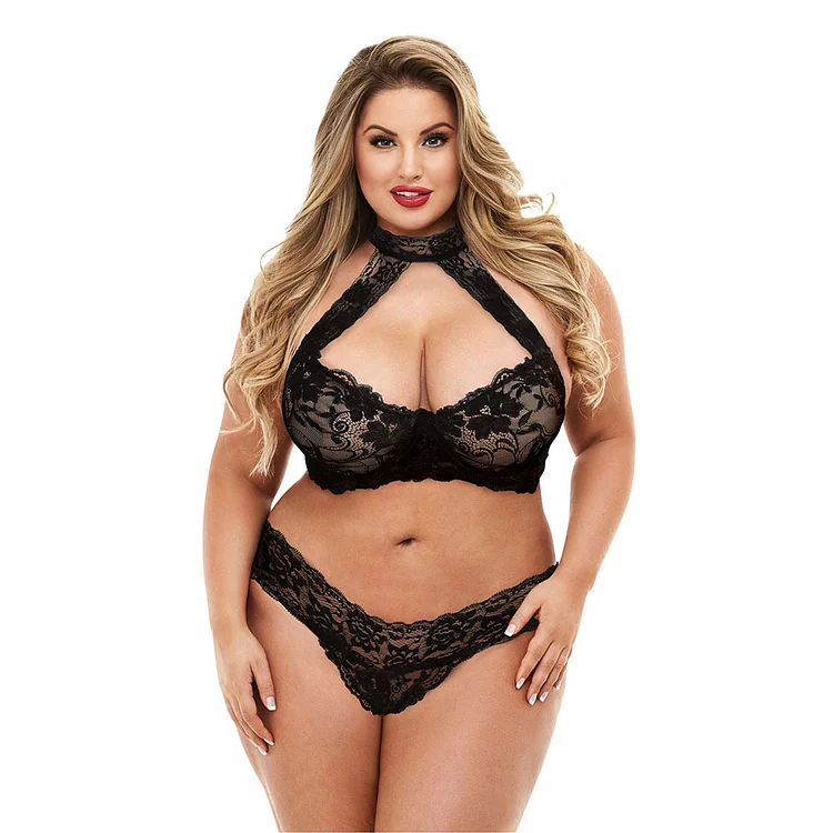 Plus Size Sexy Sexy Lace Deep V Hollow Neck Lingerie