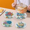 4PCS Wooden Diamond Painted Placemats Tableware Mat with Holder(Tea Art Bouquet)