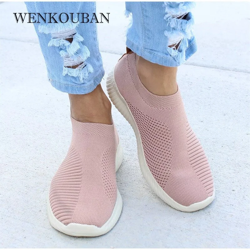 Women Sneaker Air Mesh Soft Female Knitted Vulcanized Shoes Casual Slip On Ladies Flat Shoes Walking Footwear Women Shoes 2021