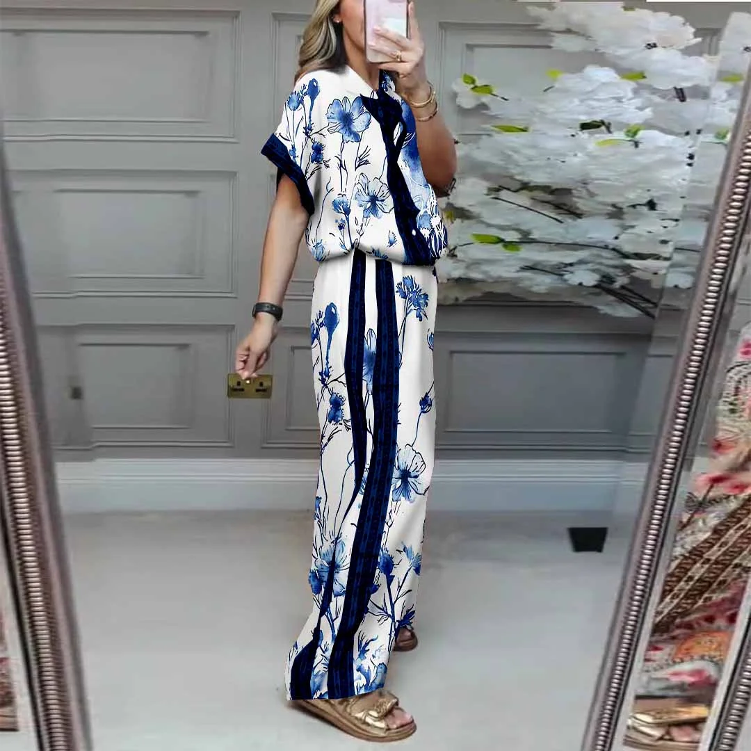 Women Floral,Blue,White DZDL1102 V-neck Short Sleeve Blouse and Pants Set