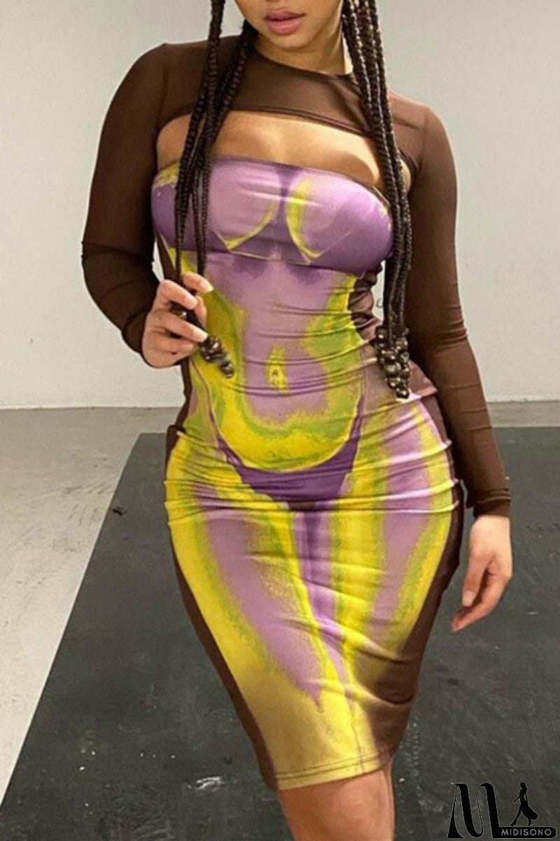 MidiSono - Sexy Casual Print Hollowed Out O Neck Long Sleeve Dresses