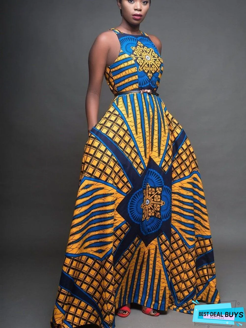 Printed Round Neck Sleeveless Large Hem Long Dress