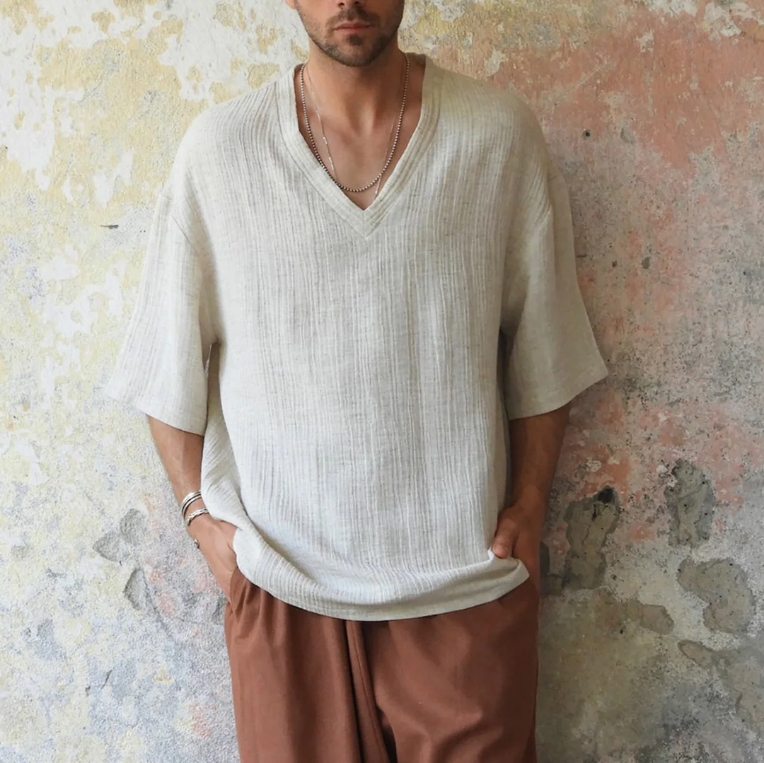 Men's Holiday Linen V-neck Short Sleeve Shirt-inspireuse