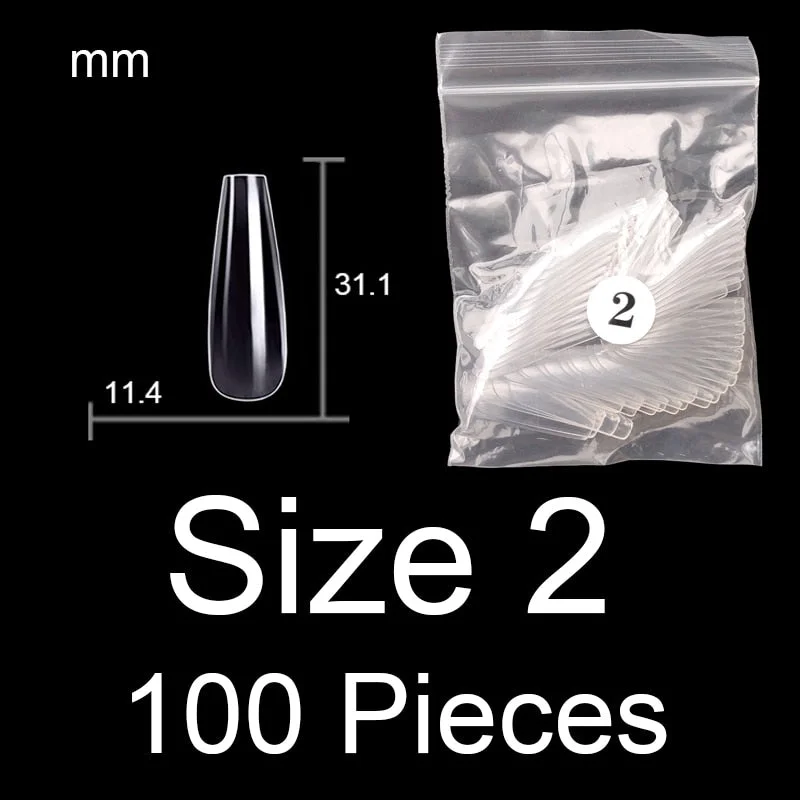 100 Pieces Full Cover Coffin Nails Single Size Ballet Shape Ballerina False Nail Tips Natural Transparent Size 0 ~ 9 Available-Nail Inspo