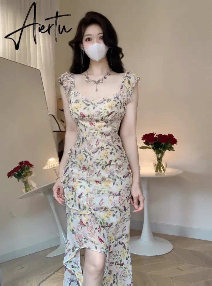 Aiertu Summer Elegant Retro Floral Midi Dress French Sweet Even Party Short Sleeve Print Lace Dress One Piece Dress Korean Chic Aiertu