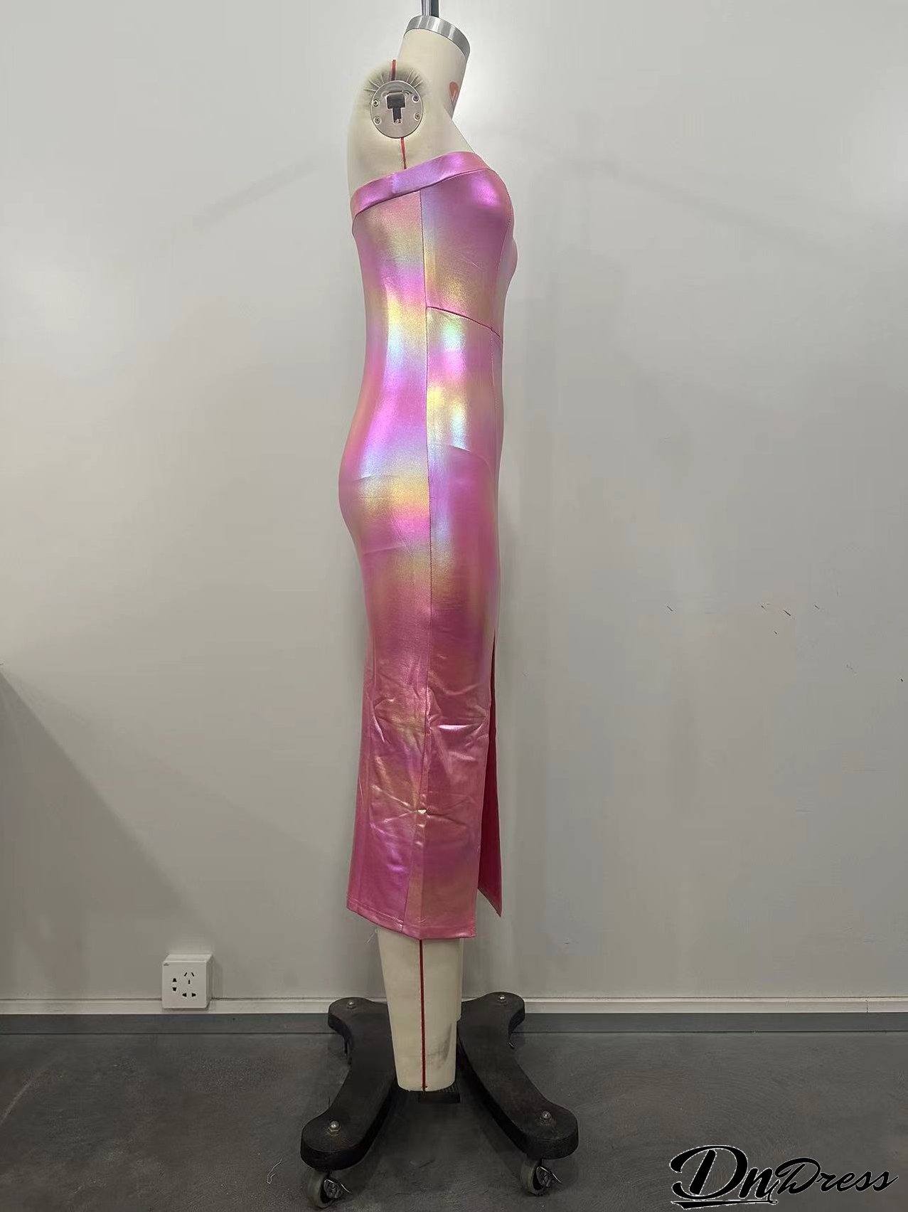 Women Clothing Features Shiny Gradient Pu-Leather High Slit Chest Wrap Dress