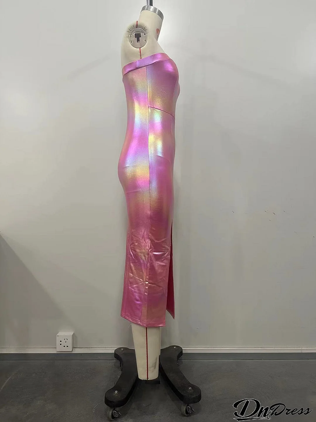 Women Clothing Features Shiny Gradient Pu-Leather High Slit Chest Wrap Dress