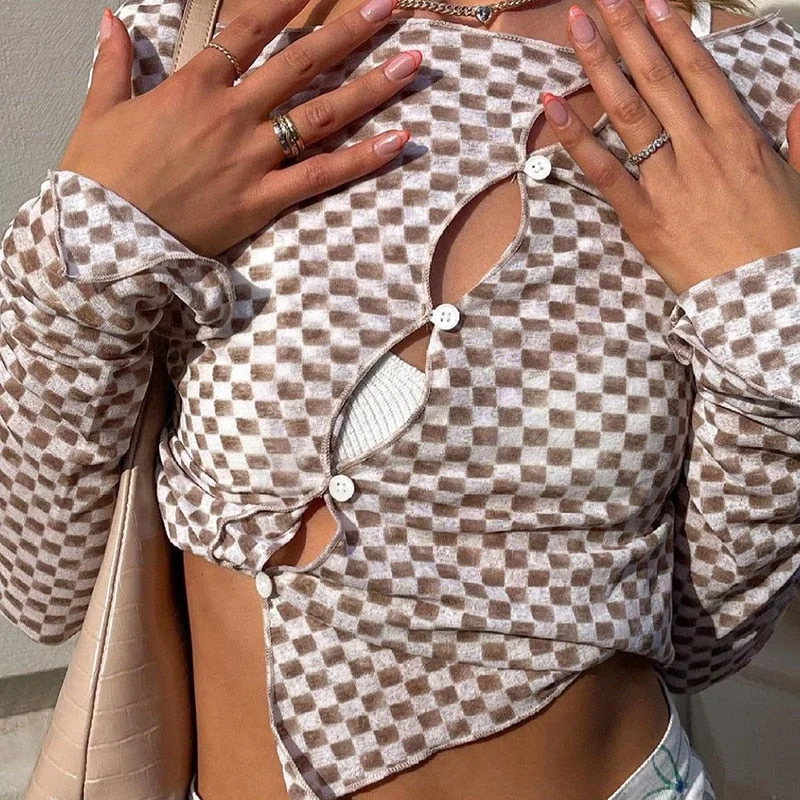 Rapcopter Plaid y2k Crop Top Hollow Out Sexy T Shirt Long Sleeve Button Pullovers Women Retro Casual Harajuku Tee Autumn 2021