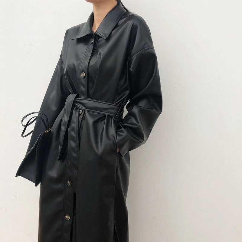 Fitaylor PU Leather Long Jacket 2021 New Spring Women Loose Belt Faux Leather Windbreaker Trench Coat Slim Spring Jacket