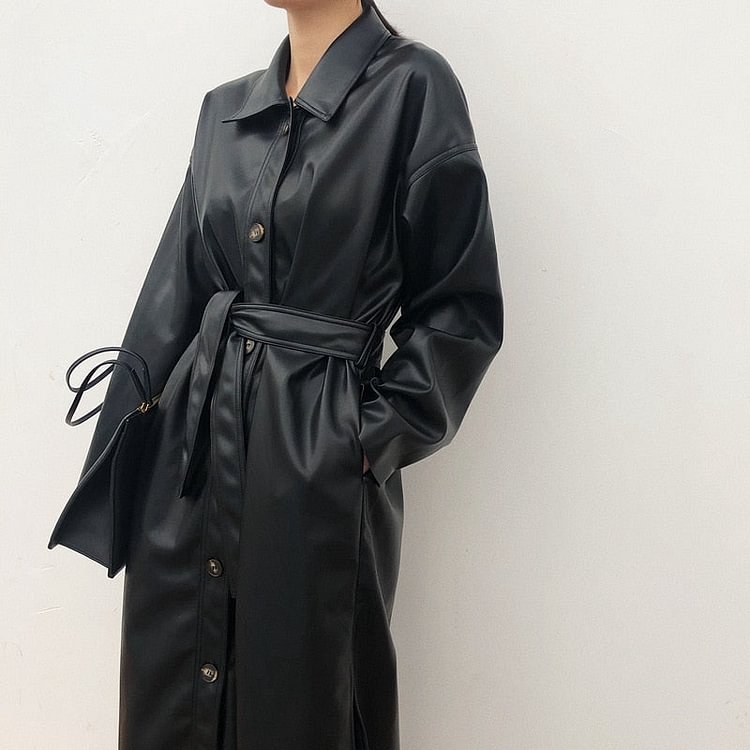 Fitaylor PU Leather Long Jacket New Spring Women Loose Belt Faux Leather Windbreaker Trench Coat Slim Spring Jacket - BlackFridayBuys