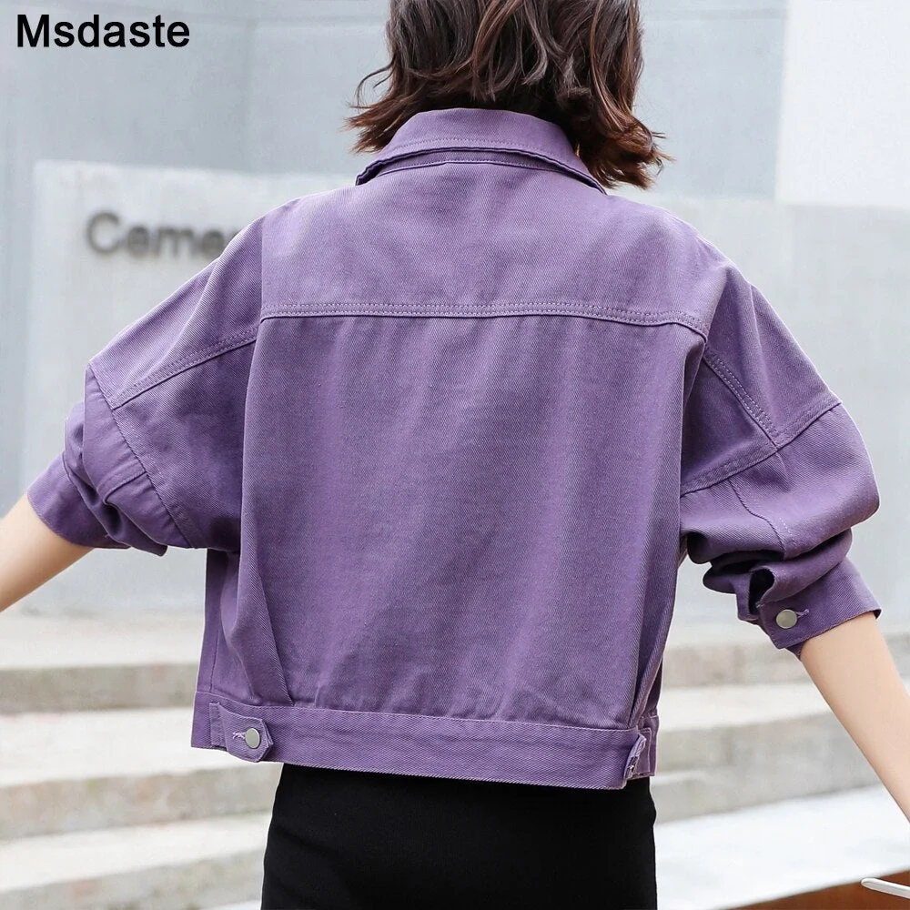 Women Jean Jacket Denim Coat Outerwear Big Pockets Lady Jeans Jackets Female Purple Pink Basic Casual Ladies Autumn Outer Coats