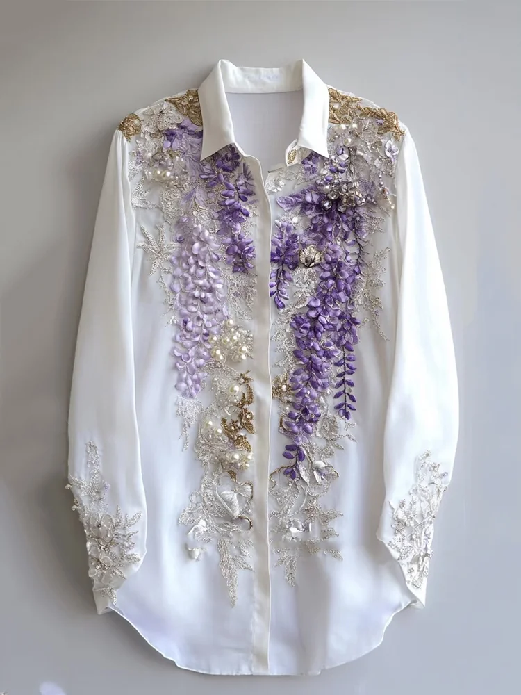 Lunivibe Women's Purple Floral Embroidered Art Linen Blend Shirt