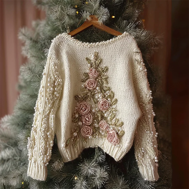 Pink Roses Christmas Tree Beaded Cozy Knit Sweater