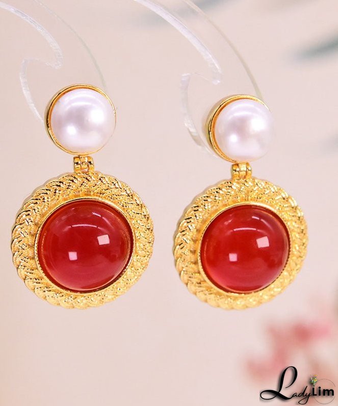 Art Red Sterling Silver Overgild Pearl Agate Stud Earrings
