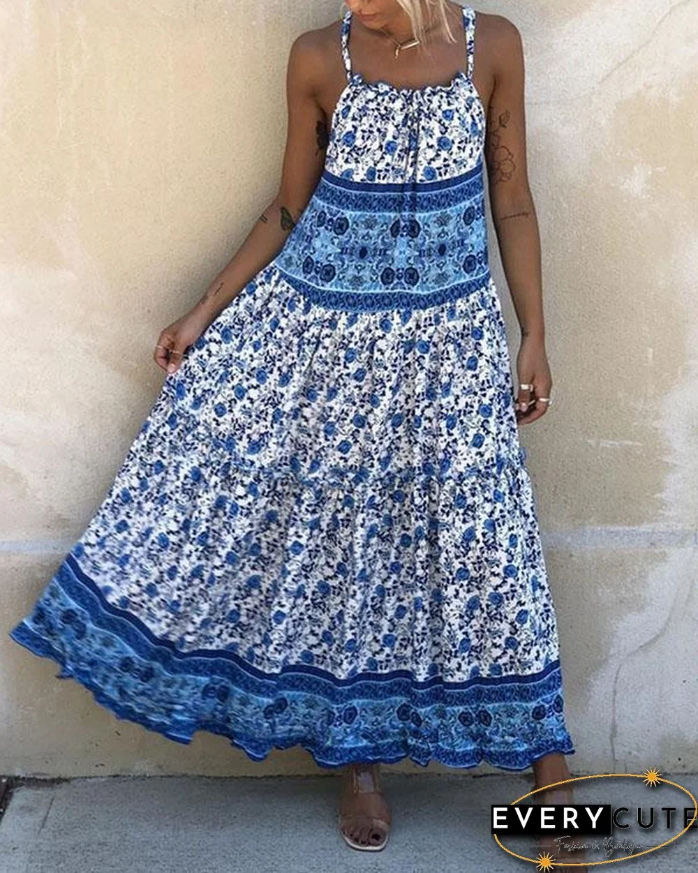 Print Sleeveless  Boho Vacation Maxi Dresses