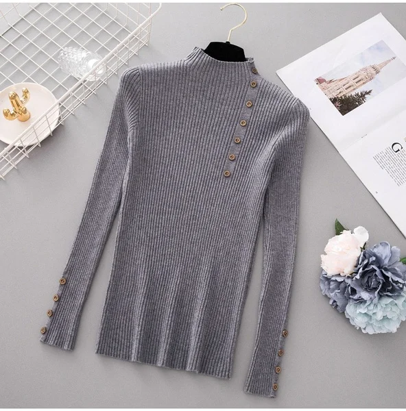 New Fashion Button Turtleneck Sweater Women Spring Autumn Solid Knitted Pullover Women Slim Soft Jumper Sweater Female Knit Tops