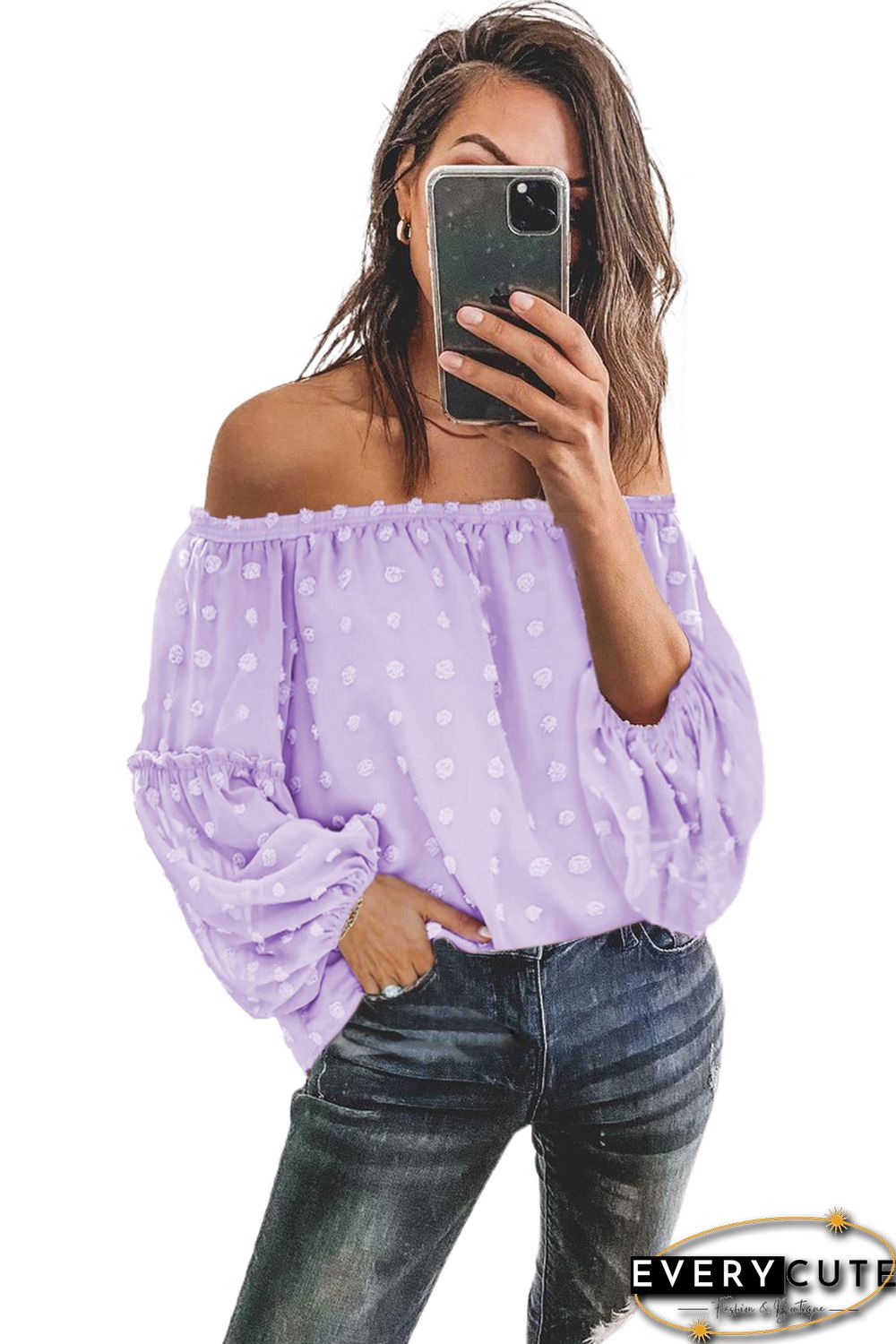 Purple Swiss Dot Off The Shoulder Blouse