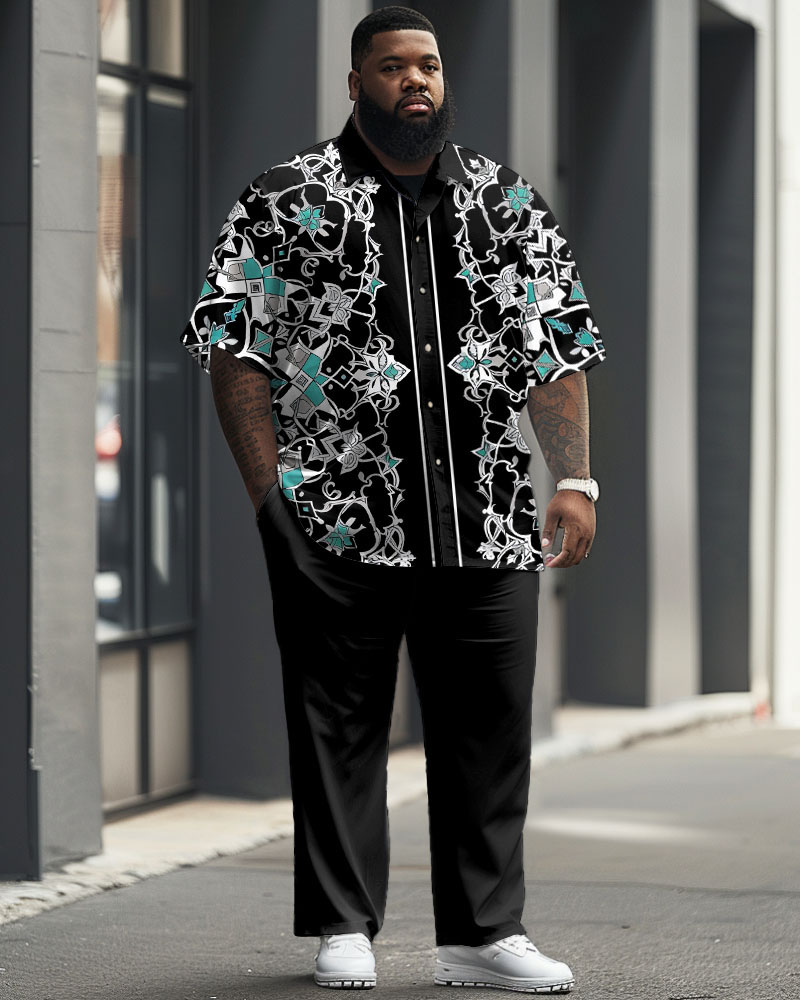 Men's Plus Size Business Simple Geometric Advanced Blue Short Sleeve Shirt Trousers Suit