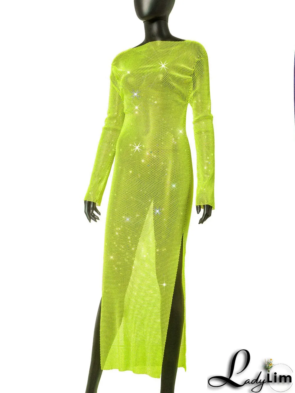 Women's Side Slit Party Night Round Neck Long Sleeve Sparkly Beaded Maxi Dress