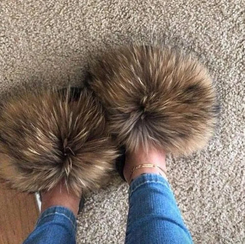 Hot Summer Women Fox Fur Slippers Real Fur Slides Female Indoor Flip Flops Casual Raccon Fur Sandals Furry Fluffy Plush Shoes