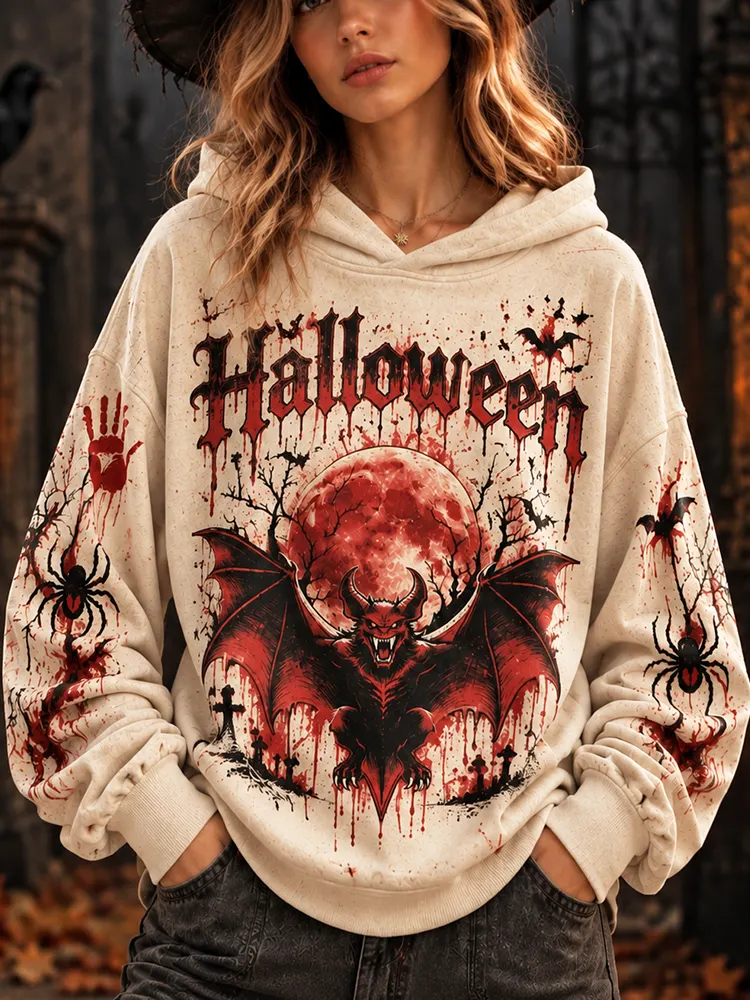Comstylish Women's Halloween Red Demon Bat & Blood Splatter Graphic Hoodie