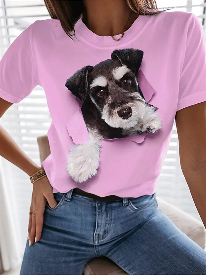 Printed Short Sleeve Casual Holiday Basic Round Neck Regular T-shirt Puppy Pattern Blue Pink Purple White-Cosfine