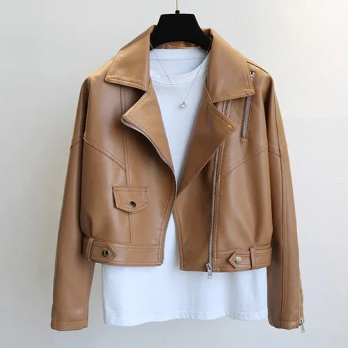 FTLZZ Spring Autumn New PU Leather Short Jacket Women Casual Female Loose Streetwear Coat Moto Bike Soft Faux Leather Outwear