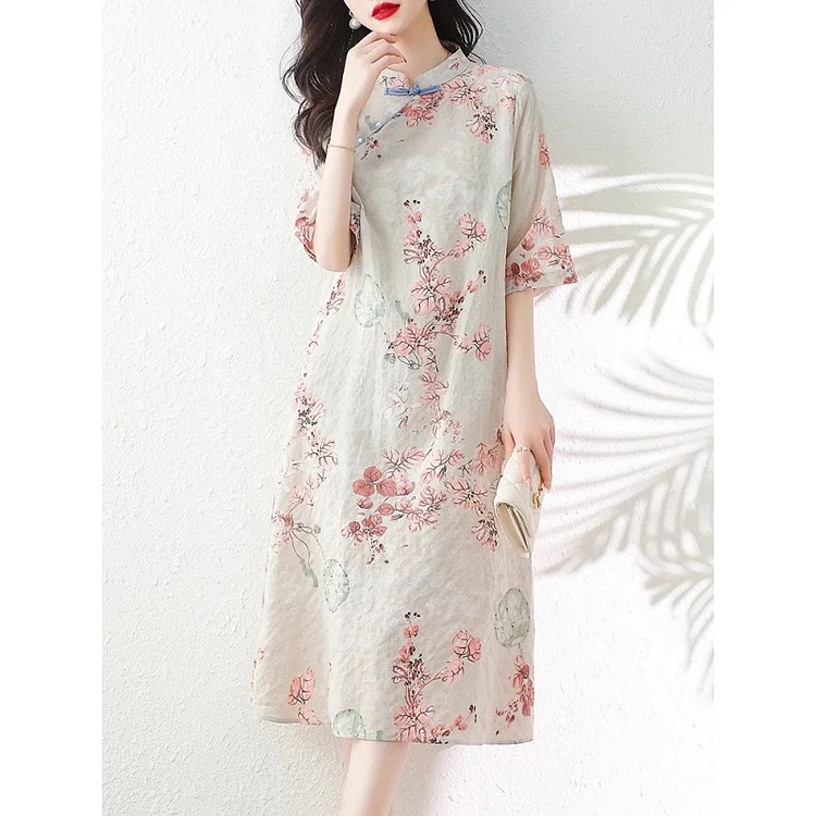 Ethnic Style Printed Cheongsam Style Midi Dress - yankia