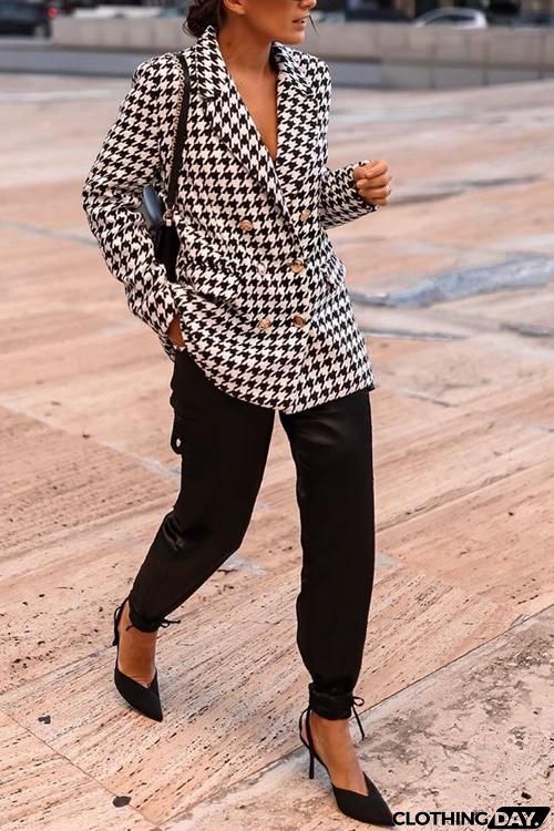 Houndstooth Print Woolen Coat