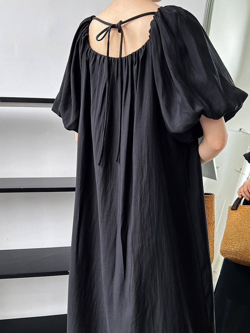 Wear Both  Tencel Puff Sleeve Dress Summer Korean Thin Lace up Waist  Tight Square Collar Fairy Dress