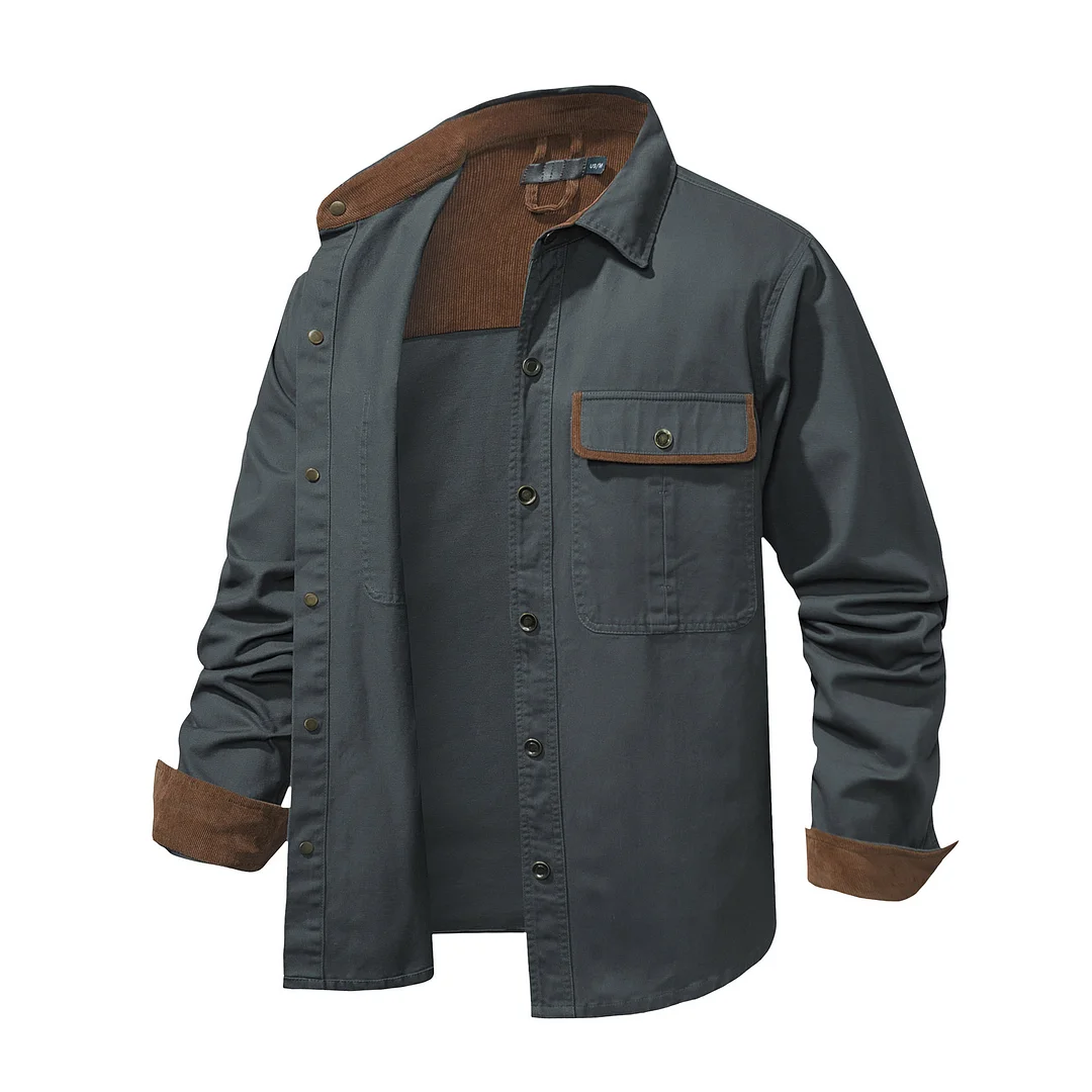 Men's Loose Stitched Corduroy Washed Cotton Shirt Oversize Metal Button Long Sleeve Shirt