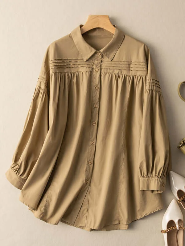 100% Natural Fabric Pleated Long-Sleeved Loose Casual Shirt