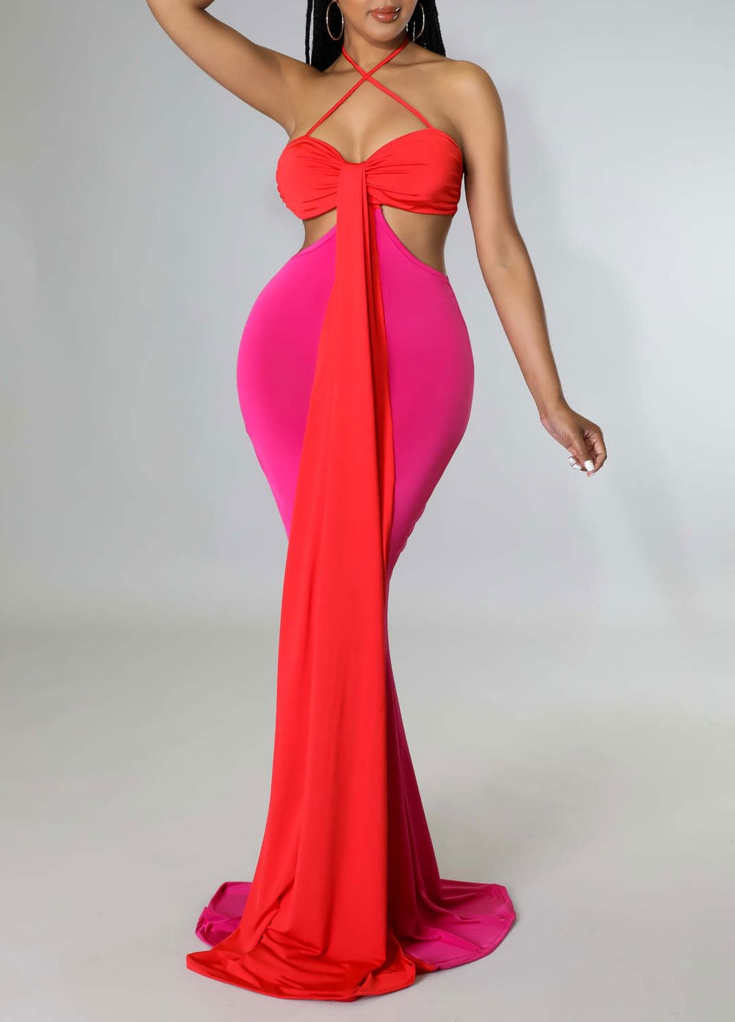 Color Block Elegant Cutout Irregular Maxi Dress